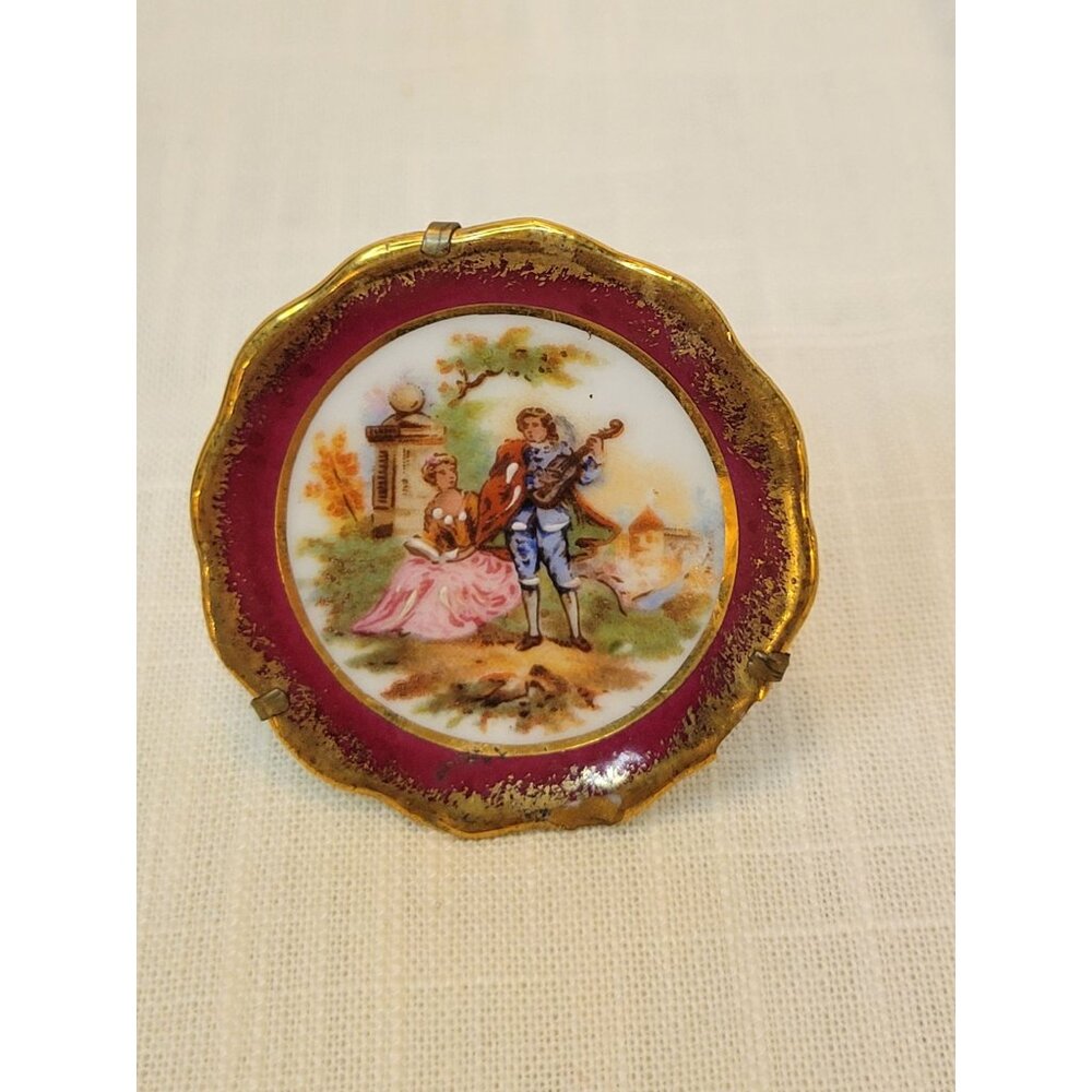 Vntg Limoges France Miniature Plate Porcelain W/ Gold Trim & Stand Courting 1.5"